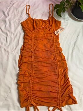 Inspired Hearts Orange Ruched Mini Dress with Spaghetti Straps